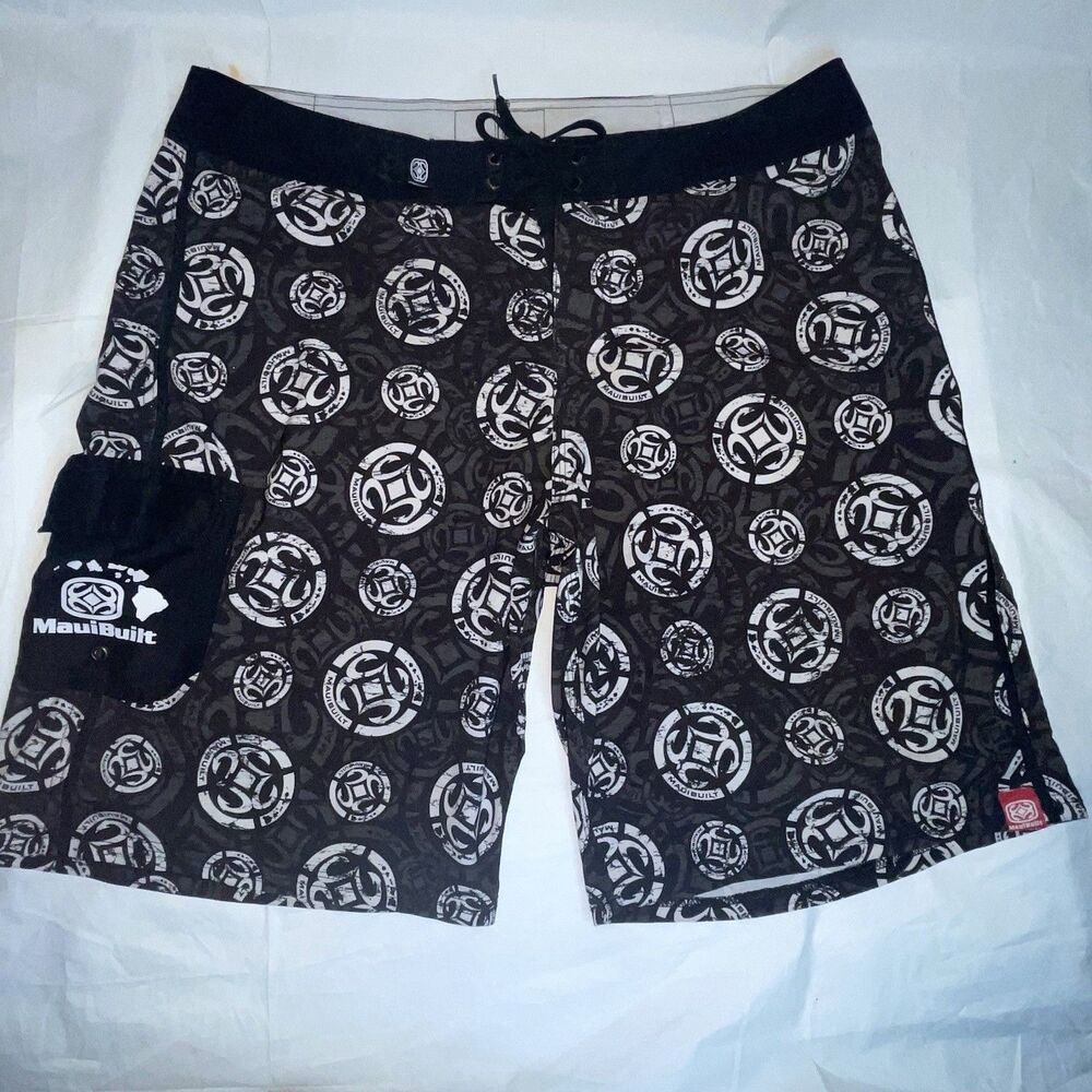 Maui Built Board Shorts Mens 38 Black/white Graphic Surf Swim Trunks Beach